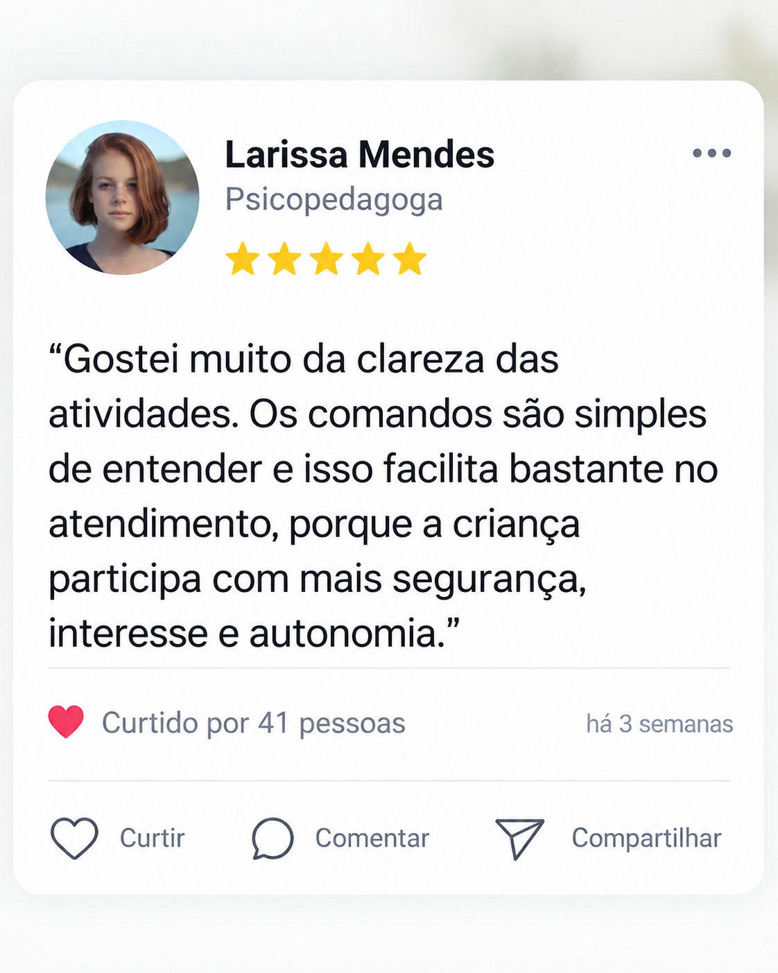 Avaliação de Larissa Mendes sobre o material de psicomotricidade infantil